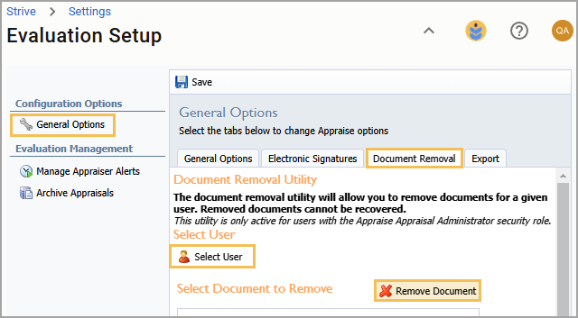 Evaluation setup interface showing document removal options and user selection features.